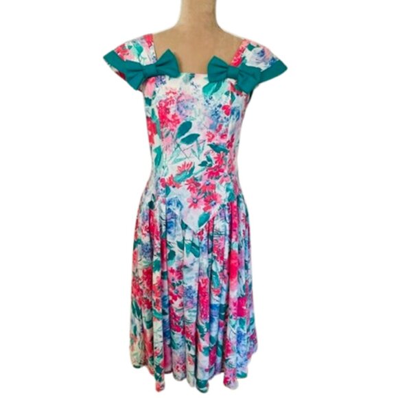 Leslie Lucks Dresses & Skirts - Vintage Leslie Lucks Petite Floral Cottagecore Dress Fit & Flare Bows 80's Small